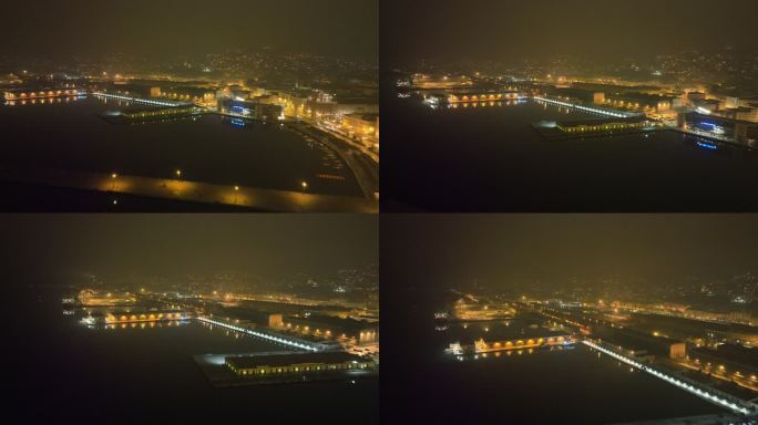 船停靠在的里雅斯特港夜间鸟瞰图