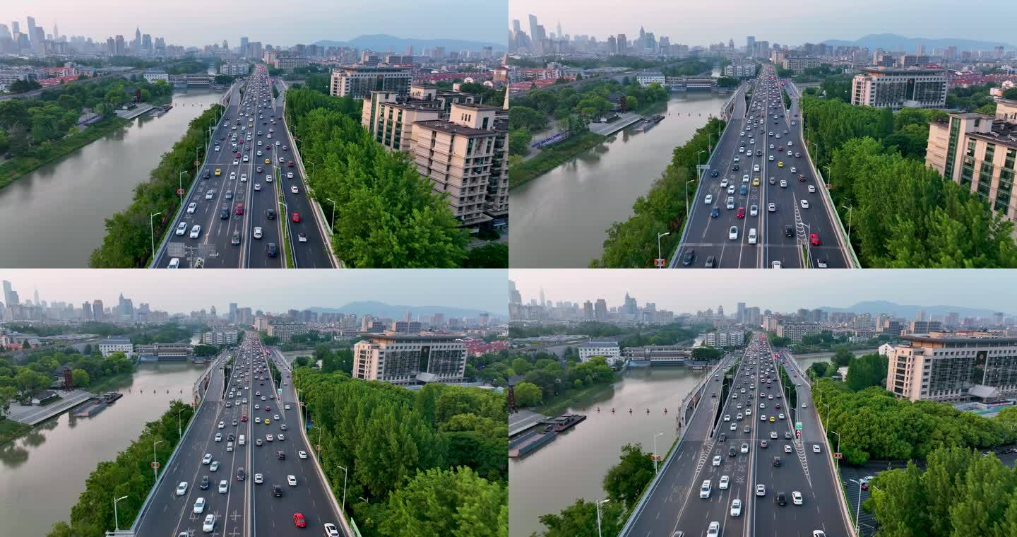 航拍南京繁忙的双桥门立交和内环东线