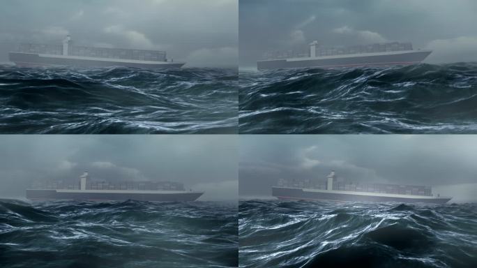 风暴海洋中的货船海浪