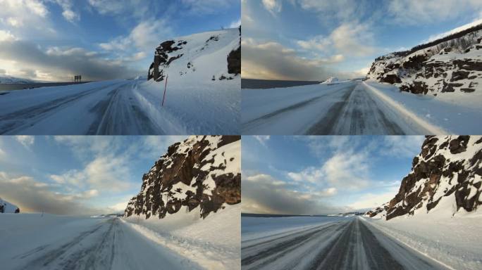 POV汽车在北极雪地中行驶：诺德卡普峡湾