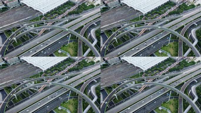 城市高架桥与轨道并排的交通景观鸟瞰图