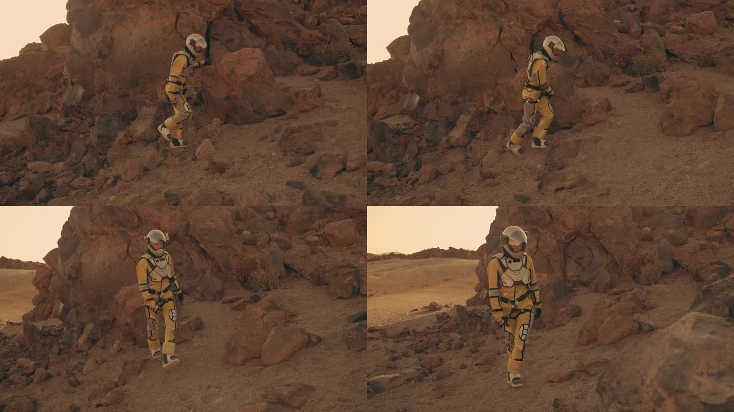 火星漫步。女宇航员探索铁锈山。在岩石上攀爬