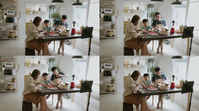 泰国家庭可持续生活方式的YouTube，在家里制作新鲜西瓜。