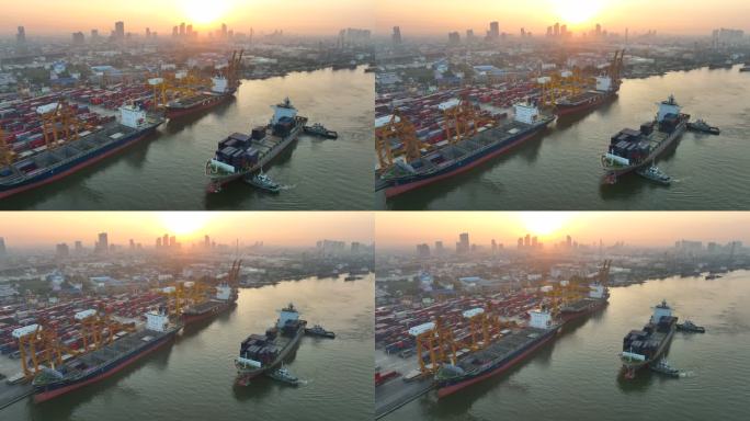 泰国曼谷日出现场，一艘货船停靠在码头上，起重机吊杆放下，准备卸下集装箱