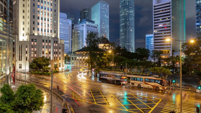 中央车站黄昏时分的香港城景延时场景