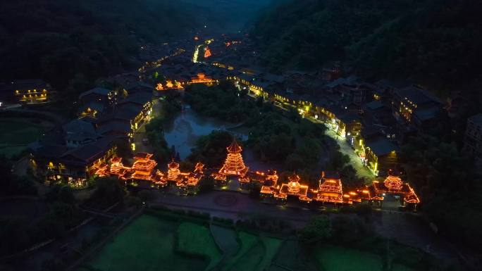 航拍贵州肇兴侗寨夜景