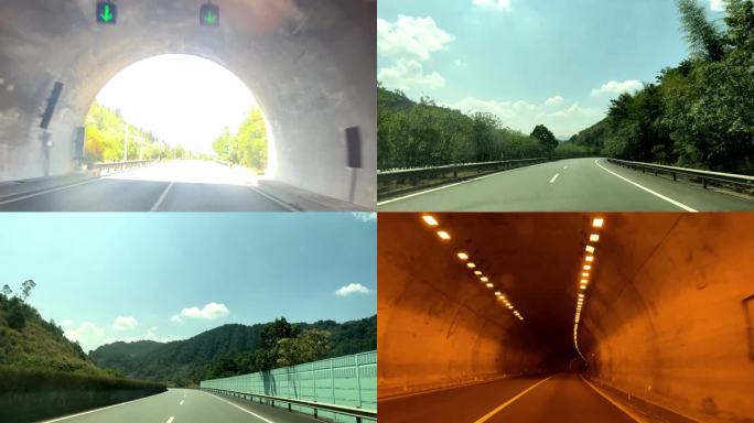第一视角高速公路隧道群蓝天白云