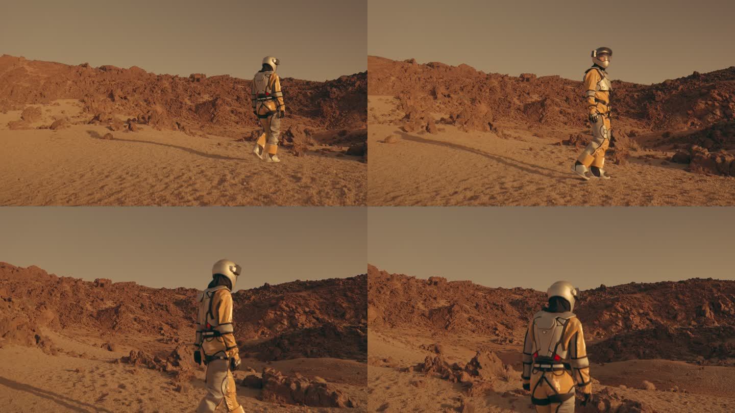 火星上的孤独。女宇航员探索锈色沙漠。转过身，看着摄像机
