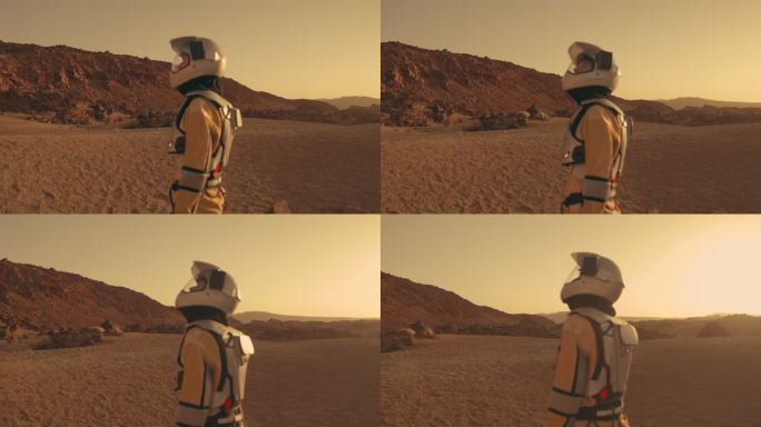 火星漫步。女宇航员探索锈色沙漠