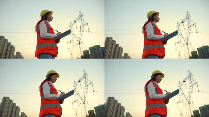 女工程师在高压塔附近工作