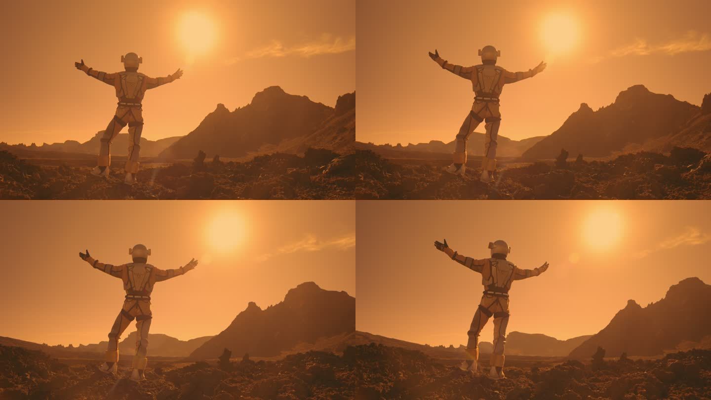 火星漫步。女宇航员探索铁锈山。张开双臂欣赏风景