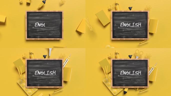 4K分辨率黄色背景黑板后面有黄色学校设备的返校英语概念