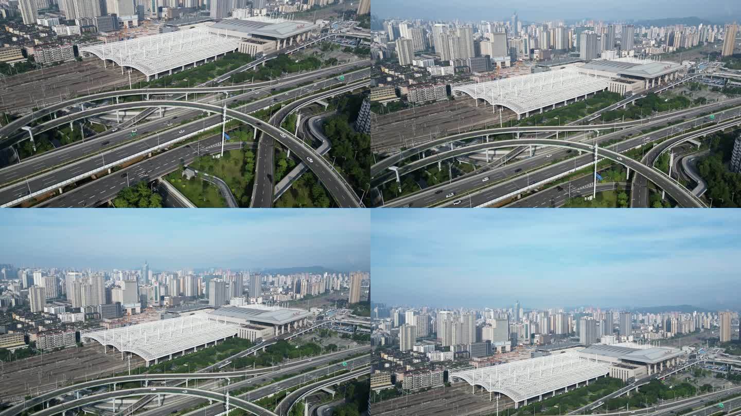 鸟瞰城市天际线和连接火车站的高架道路