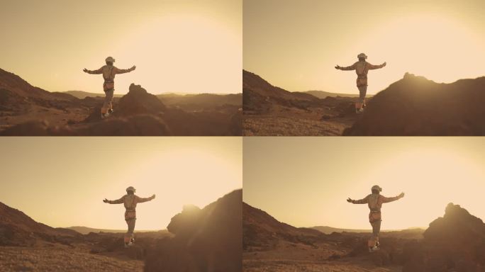 征服者张开双臂。女宇航员探索锈色沙漠。