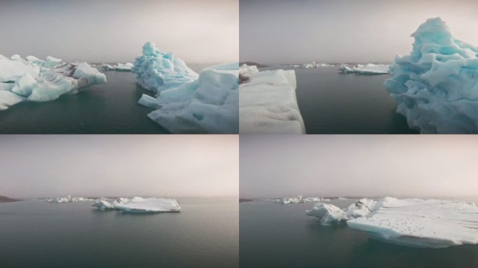 冰岛FPV无人机4K视频飞行穿过约库尔斯隆冰川冰山
