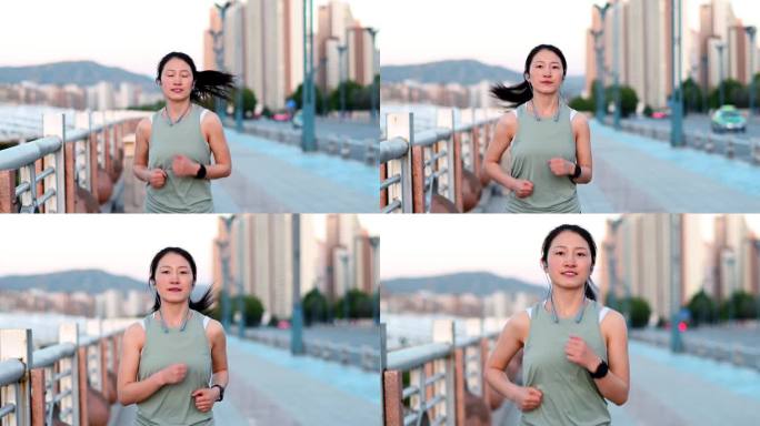 4K年轻都市青春活力女性在城市街道上跑步