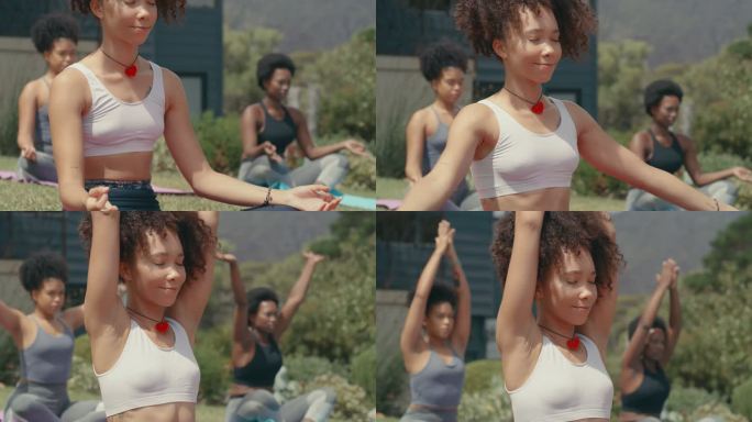 一组年轻女性在花园练习瑜伽的4k视频片段