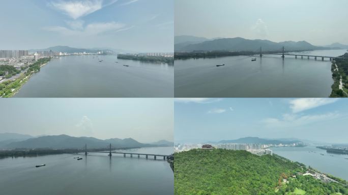 4K航拍浙江富春江 江南山水风景富阳大桥