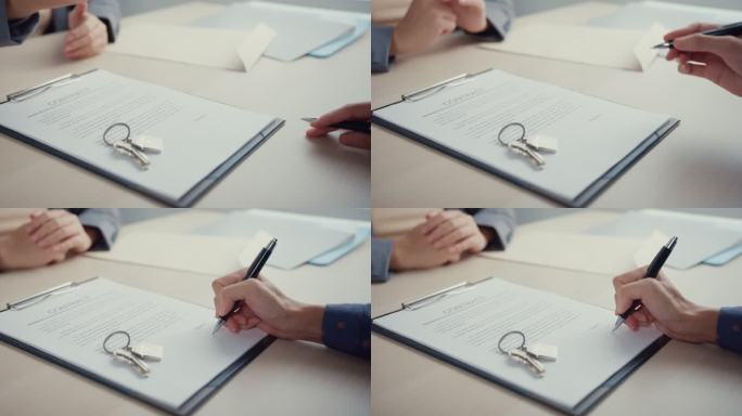 一位年轻的亚洲女商人在办公室签署抵押投资合同的特写镜头。