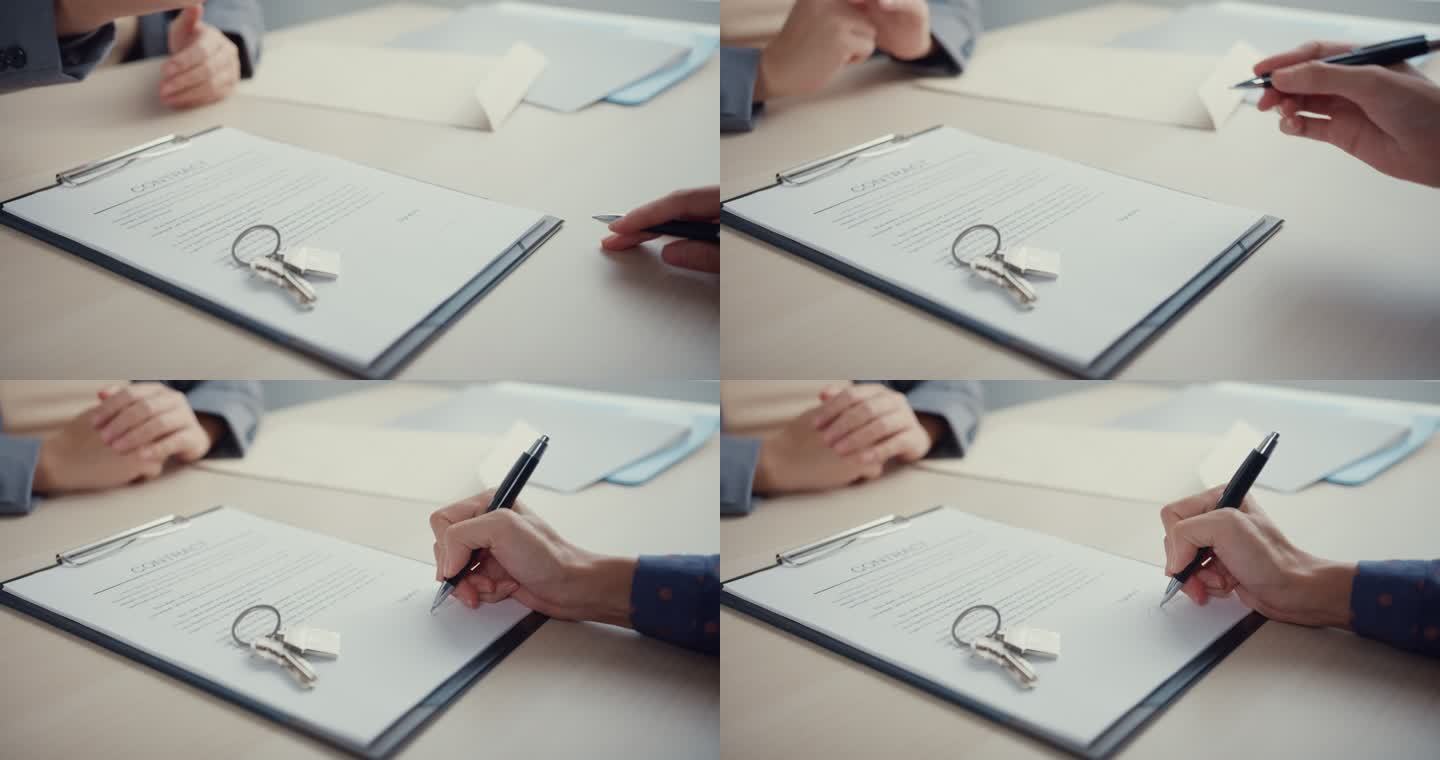 一位年轻的亚洲女商人在办公室签署抵押投资合同的特写镜头。