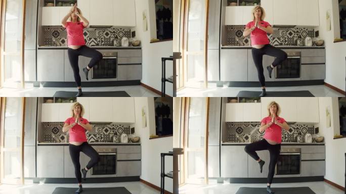 孕妇在家厨房练习瑜伽