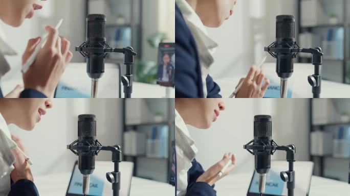 这张特写镜头是年轻的亚洲女商人用智能手机录制内容，并在工作室办公室的平板电脑上播放播客。