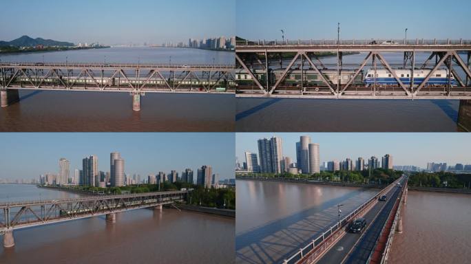 杭州钱塘江大桥火车航拍