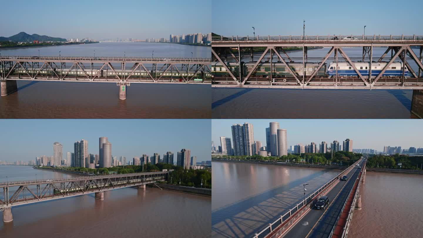 杭州钱塘江大桥火车航拍