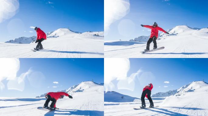 滑雪板运动员在滑雪坡道上玩得很开心，可以跳跃和旋转