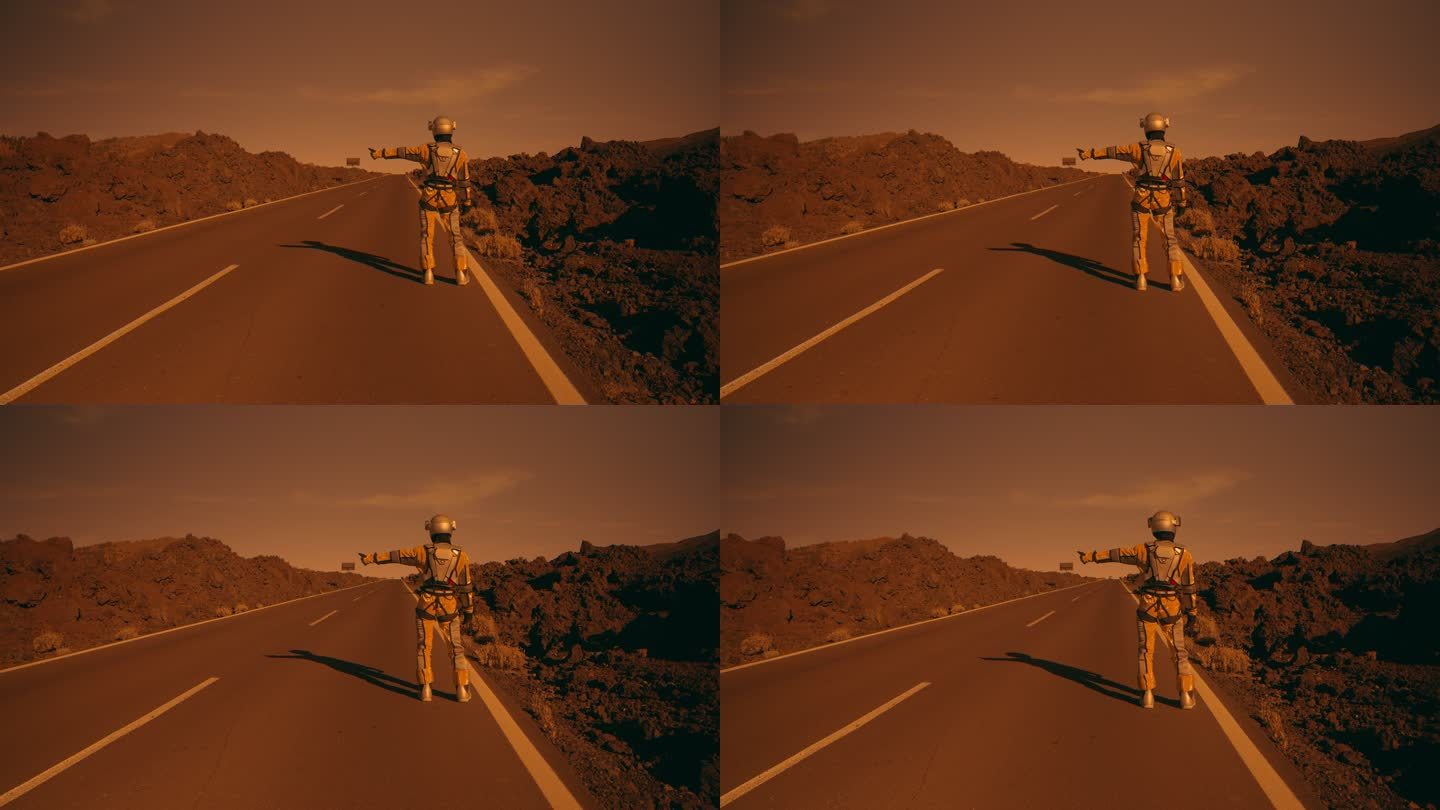 火星上的超现实旅行。女宇航员搭乘沙漠公路