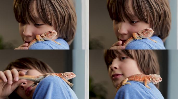 男孩用脸颊抚摸着蜥蜴的肩膀