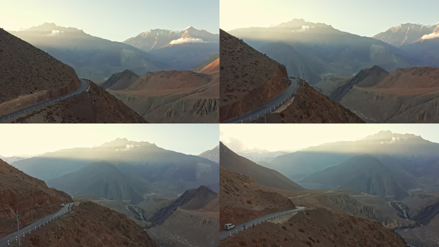 通往Mustang Muktinath的铺砌山路鸟瞰图