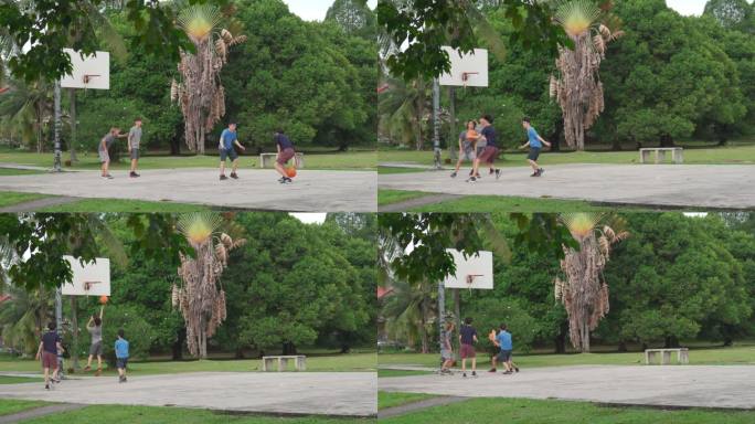Z一代亚洲中国青少年男孩在周末早上与朋友练习篮球比赛