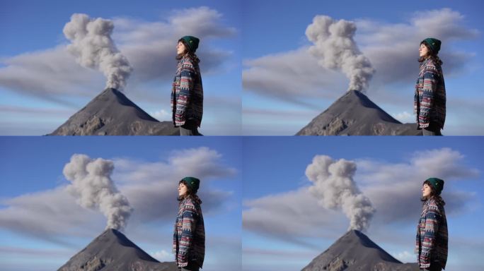 危地马拉火地岛火山喷发背景上的女人