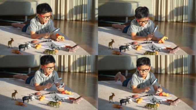 亚洲男孩与动物图形玩耍和绘画。创意和学习生态系统的概念