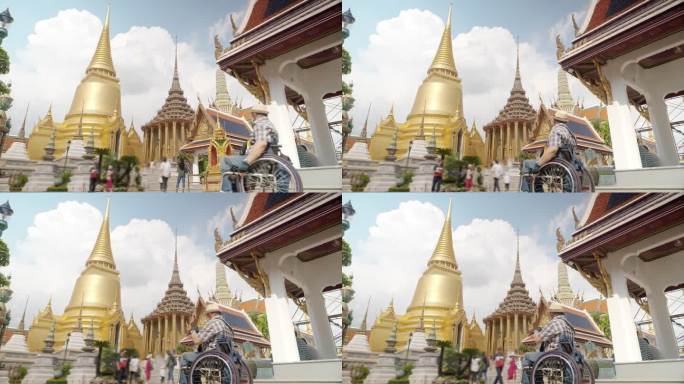 曼谷概念轮椅旅游地标。亚洲男性游客泰国曼谷Wat Phra Keao大皇宫游客