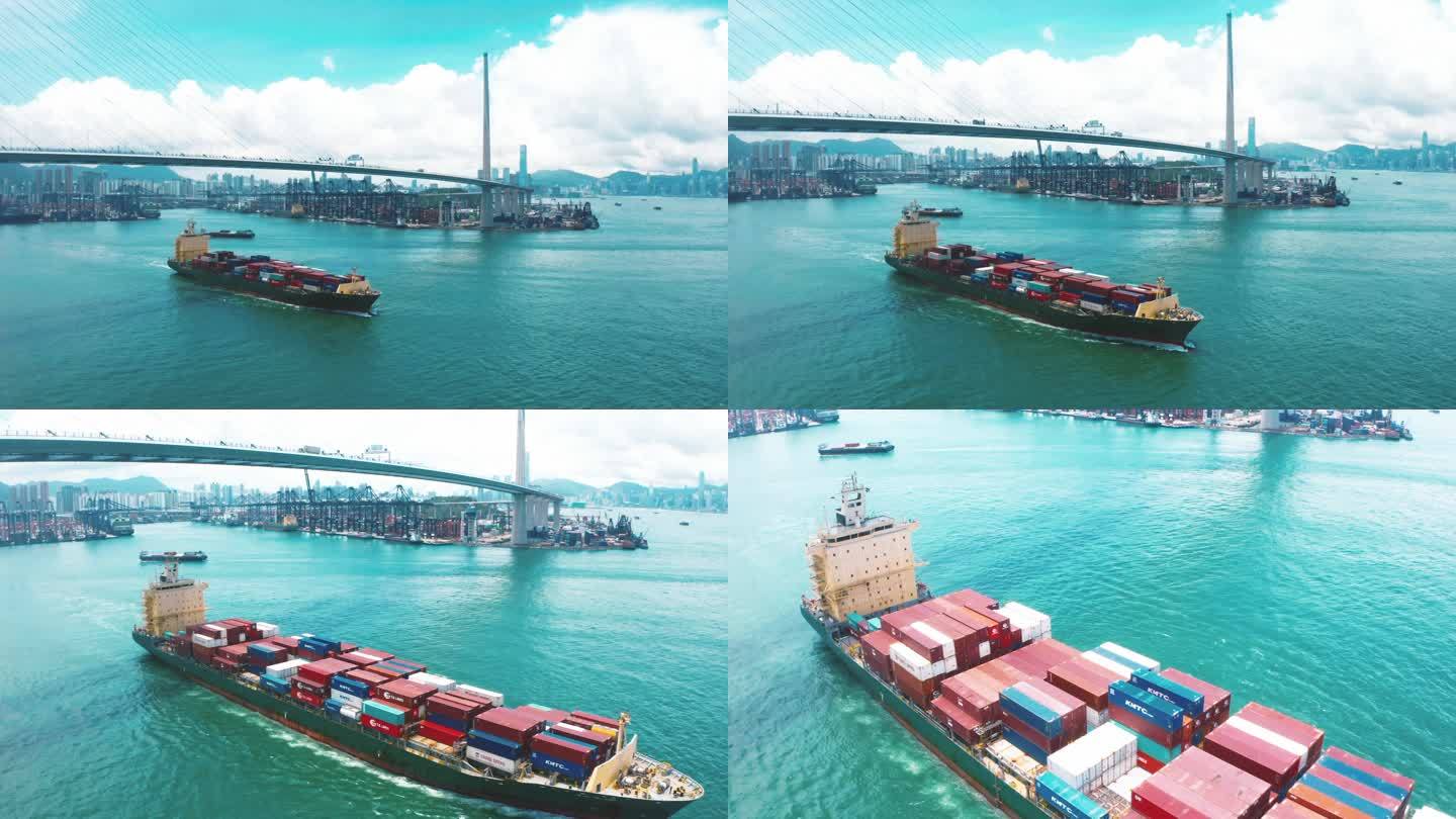 集装箱船海上航拍货海运码头港口对外贸易远