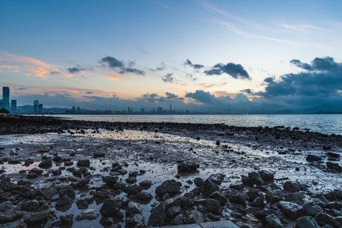 深圳城市海边日出朝霞风景延时视频