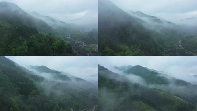 航拍烟雨缥缈的山村