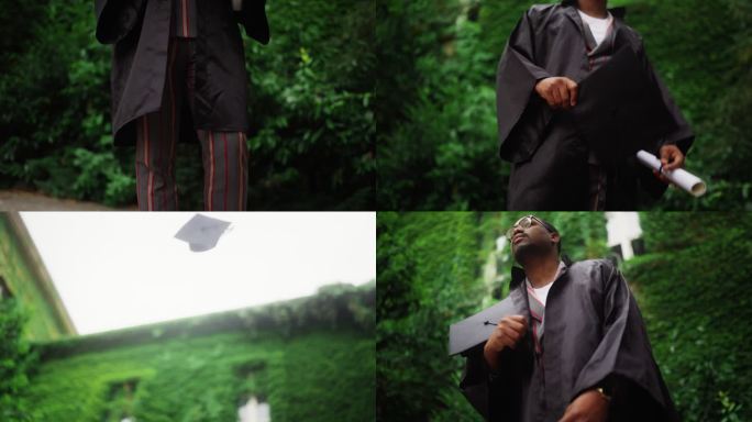 黑人学生将毕业礼服帽子抛向空中的慢镜头视频