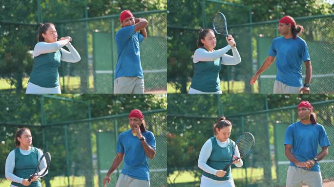 周末上午，中国亚裔中年女子在网球场向教练学习网球