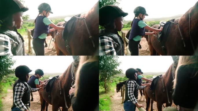 在农村围场学习调整马镫的女孩