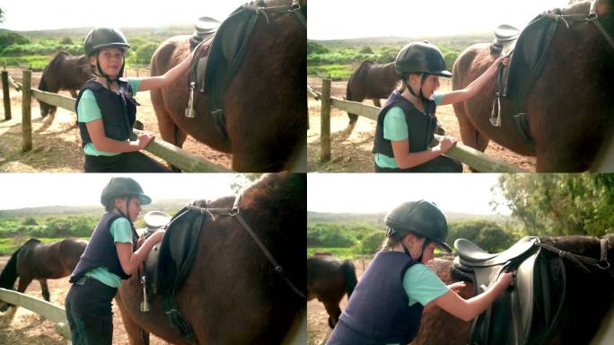 在阳光明媚的围场学骑马的女孩