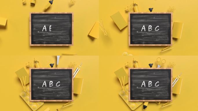 返校ABC字母概念，在4K分辨率的黄色背景黑板后面放置黄色学校设备
