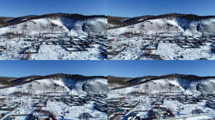 航拍大兴安岭下雪后山村人家