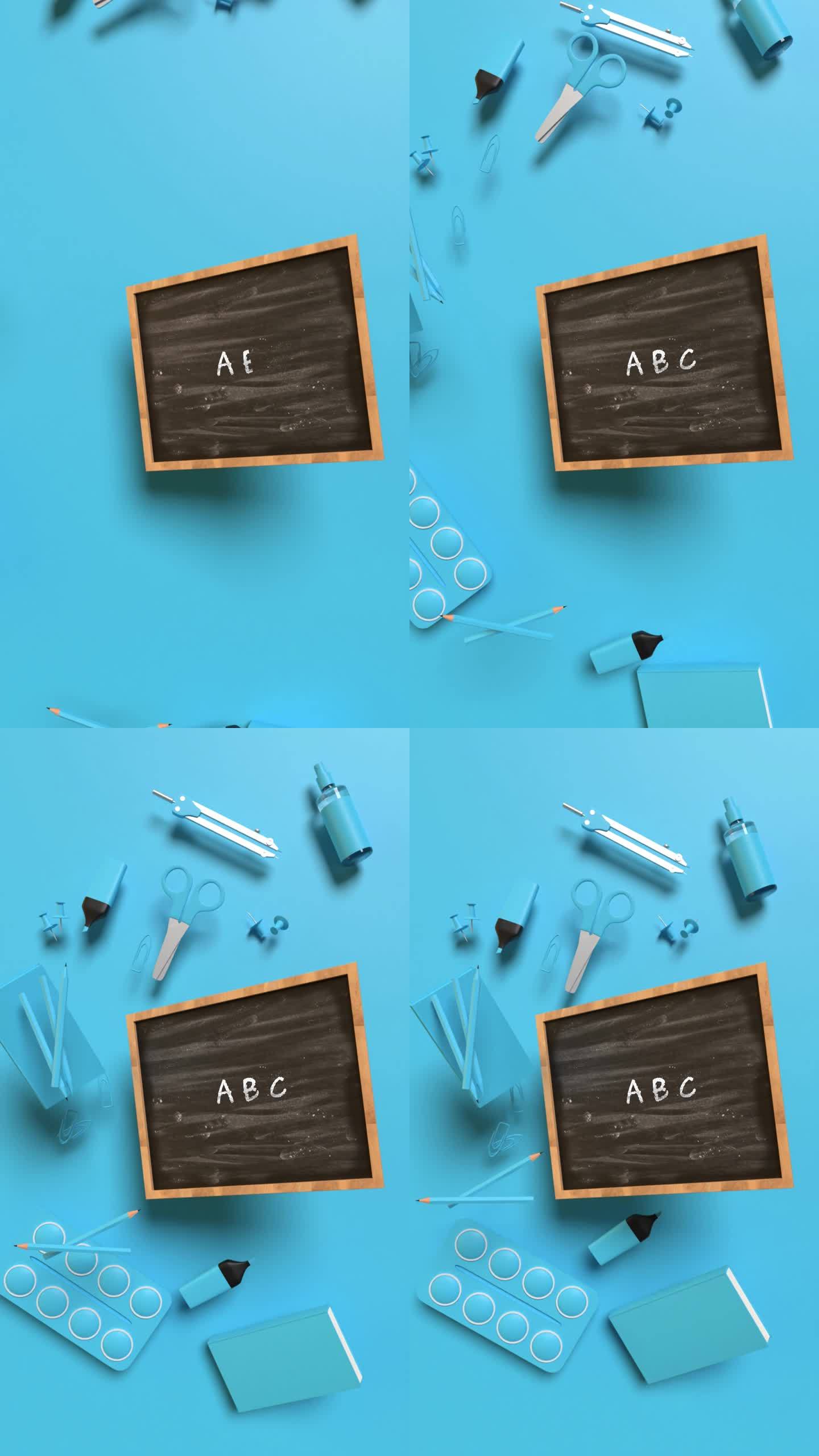 垂直返回学校ABC字母概念，蓝色背景下4K分辨率黑板的蓝色学校设备侧