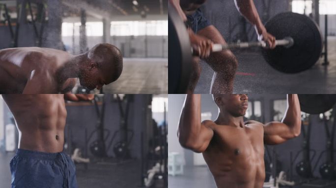一个年轻迷人的男子在健身房举杠铃前将双手打粉的4k视频片段