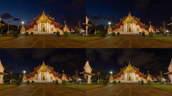 夜间Wat Benchamabopit Dusitvanaram Timelapse寺庙