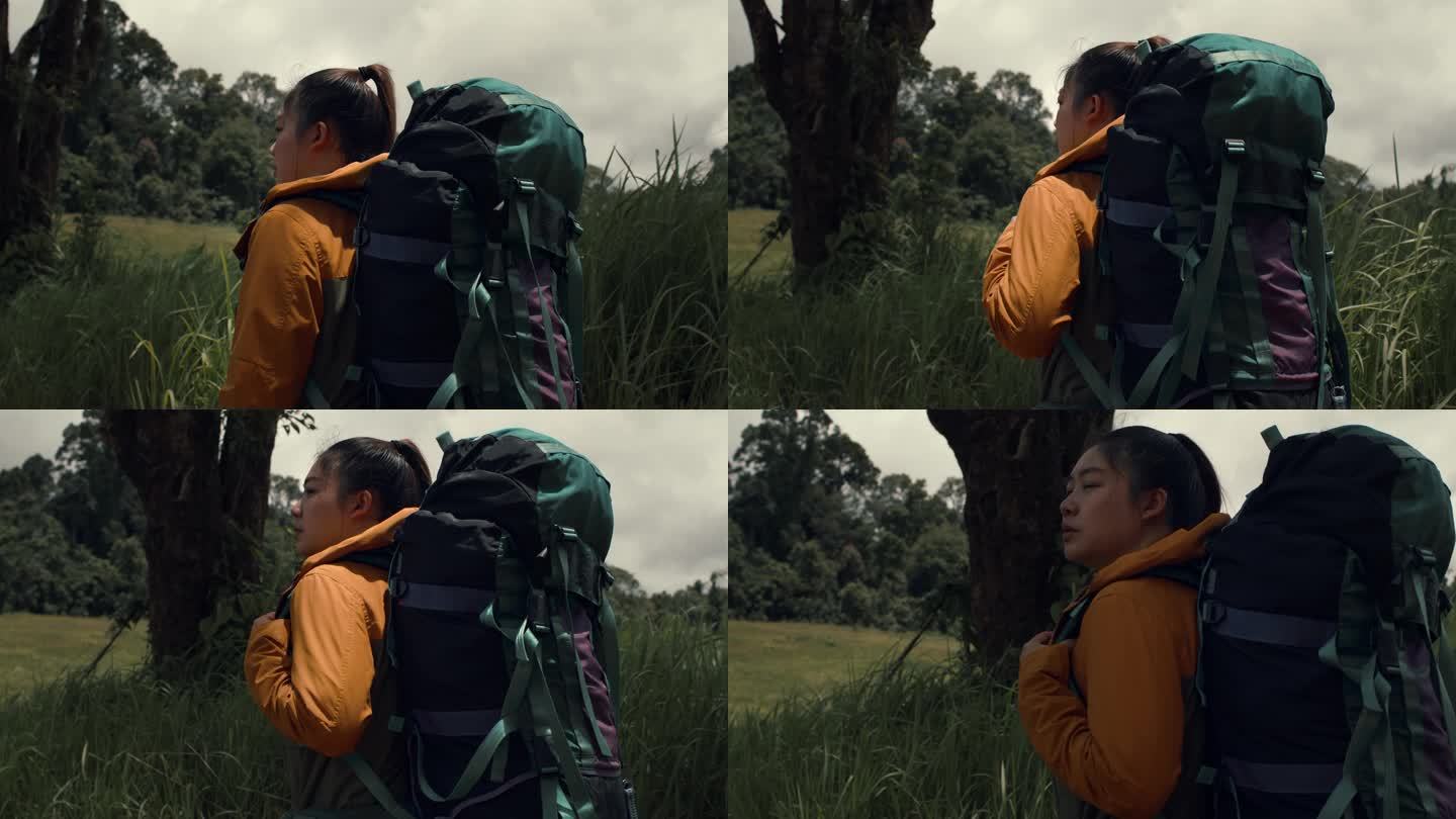 在泰国森林中徒步旅行的年轻女子。积极健康的女性，背着背包。女性游客可在森林后景漫步、休闲、生物旅游、