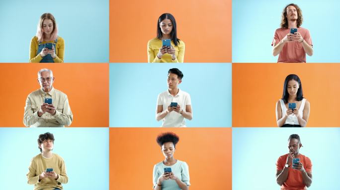 4k视频片段，男男女女使用智能手机，在色彩斑斓的演播室背景下显得若有所思